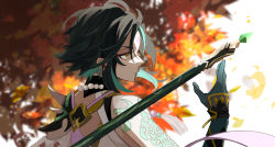 Rule 34 | 1boy, absurdres, arm guards, arm tattoo, armor, asymmetrical clothes, bead necklace, beads, black hair, blurry, blurry background, closed mouth, eyeshadow, facial mark, forehead mark, from behind, genshin impact, gloves, green gloves, green hair, highres, holding, holding polearm, holding spear, holding weapon, jewelry, kyomaru00, leaf, makeup, male focus, multicolored hair, necklace, parted bangs, polearm, red eyeshadow, short hair, short hair with long locks, shoulder armor, shoulder pads, shoulder spikes, sidelocks, single bare shoulder, sleeveless, slit pupils, solo, spear, spikes, tattoo, two-tone hair, weapon, xiao (genshin impact), yellow eyes