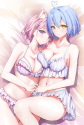 Rule 34 | 2girls, absurdres, ahoge, animal ears, asymmetrical docking, bare arms, bare shoulders, blue hair, bra, braid, breast press, breasts, cleavage, collarbone, commentary request, frilled bra, frilled panties, frills, hakui koyori, heart, heart ahoge, highres, holding hands, hololive, interlocked fingers, kon (07263545), large breasts, looking at viewer, lying, multiple girls, navel, on back, panties, parted lips, partial commentary, pink hair, purple eyes, short hair, stomach, underwear, virtual youtuber, wolf ears, wolf girl, yellow eyes, yukihana lamy, yuri