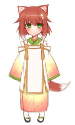 Rule 34 | 1girl, animal ears, blush, closed mouth, dated, flower, fox ears, fox tail, full body, green eyes, hair flower, hair ornament, japanese clothes, kimono, konshin, long sleeves, looking at viewer, original, red hair, sandals, short hair, signature, simple background, sleeves past wrists, socks, solo, tail, white background, white socks