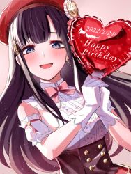 Rule 34 | 1girl, :d, balloon, black hair, blue eyes, blush, bow, bowtie, breasts, dated, earrings, fortissimo, gloves, hair ornament, happy birthday, hat, heart balloon, highres, htk you13, jewelry, long hair, looking at viewer, medium breasts, musical note, musical note hair ornament, nijisanji, open mouth, own hands together, pink bow, pink bowtie, red hat, simple background, smile, suzuka utako, upper body, virtual youtuber, white gloves