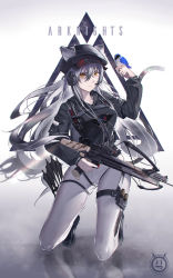 Rule 34 | 1girl, absurdres, animal, animal ears, animal on hand, arknights, arm up, arrow (projectile), artist name, bird, black footwear, black hat, black jacket, boots, bow (weapon), breasts, cabbie hat, cat ears, cat tail, commentary request, copyright name, crossbow, grey hair, hat, headset, highres, holding, holding crossbow, holding weapon, jacket, kneeling, long hair, long sleeves, looking at viewer, medium breasts, microphone, official alternate costume, orange eyes, pants, schwarz (arknights), schwarz (skyline) (arknights), sidelocks, solo, tail, very long hair, weapon, white pants, yuan long