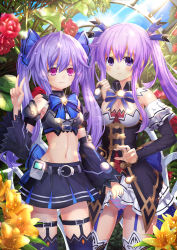 Rule 34 | 2girls, assisted exposure, bad id, bad pixiv id, bare shoulders, beluga dolphin, blush, breasts, cleavage, cosplay, detached collar, embarrassed, garter straps, hair ornament, hair ribbon, highres, large breasts, long hair, looking at viewer, multiple girls, navel, nepgear, neptune (series), noire (neptunia), noire (neptunia) (cosplay), panties, pantyshot, pleated skirt, purple eyes, purple hair, pururut, red eyes, revision, ribbon, skirt, smile, striped clothes, striped panties, thighhighs, twintails, underwear, v, very long hair