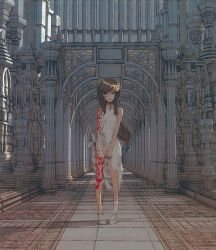 Rule 34 | 1girl, arch, arm tattoo, armlet, black hair, blue eyes, colonnade, column, dress, facial tattoo, female focus, full body, jewelry, kyuufu, leg tattoo, long hair, looking at viewer, low-tied long hair, necklace, original, pigeon-toed, pillar, solo, standing, tattoo, tied dress, tile floor, tiles, white dress