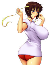 Rule 34 | 1girl, ameoto, ass, breasts, brown hair, buruma, gym uniform, headband, huge breasts, open mouth, original, purple eyes, short hair, simple background, solo, thighs, white background