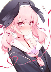 Rule 34 | 1girl, black hat, black wings, blue archive, blush, closed mouth, collarbone, deadnooodles, hat, heart, highres, koharu (blue archive), long sleeves, looking at viewer, neckerchief, off shoulder, pink eyes, pink hair, pink neckerchief, sailor collar, school uniform, serafuku, short hair, simple background, solo, twintails, upper body, white background, white sailor collar, winged hat, wings