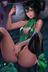 Rule 34 | 1girl, asui tsuyu, bare arms, bare shoulders, boku no hero academia, breasts, cellphone, cleavage cutout, clothing cutout, female masturbation, fingernails, green leotard, green nails, hair between eyes, hair rings, highres, holding, holding phone, leotard, lips, looking at viewer, masturbation, masturbation through clothes, medium breasts, nail polish, parted lips, phone, pillow, prywinko, smartphone, solo, spread legs, tagme, thighhighs