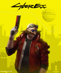 Rule 34 | 1boy, bald, black shirt, closed mouth, crossover, cyberpunk (series), cyberpunk 2077, cyborg, dr. eggman, facial hair, glasses, gloves, goggles, gun, holding, holding gun, holding weapon, jacket, male focus, mustache, parody, red jacket, sega, shirt, solo, sonic (series), totesfleisch8, weapon, white gloves
