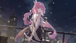 Rule 34 | 1girl, arms behind back, birthday, black skirt, blue eyes, breasts, building, commentary, elysia (honkai impact), english commentary, fence, highres, honkai (series), honkai impact 3rd, long hair, looking at viewer, low ponytail, medium breasts, night, outdoors, pink hair, pointy ears, second-party source, serie niai, shirt, skirt, smile, solo, upper body, white headwear, white shirt