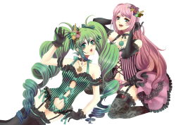 Rule 34 | 2girls, bad id, bad pixiv id, bow, cake, candy, choker, drill hair, elbow gloves, extraction, fishnets, food, fruit, garter belt, gloves, green hair, hair bow, hair ornament, hatsune miku, highres, jewelry, lipstick, long hair, makeup, megurine luka, multiple girls, necklace, panties, pink hair, ruitan (rrruitan), simple background, strawberry, thighhighs, twin drills, underwear, very long hair, vocaloid