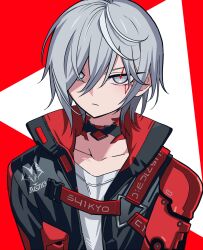 Rule 34 | 1boy, black choker, black jacket, choker, closed mouth, commentary request, expressionless, facial tattoo, fulgur ovid, fulgur ovid (1st costume), grey eyes, grey hair, hair between eyes, hair over one eye, highres, jacket, looking at viewer, male focus, meremero, nijisanji, nijisanji en, open clothes, open jacket, red background, short hair, solo, tattoo, upper body, virtual youtuber