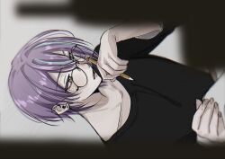 Rule 34 | 1boy, black shirt, blue hair, commentary request, earrings, fingernails, glasses, goi x01, hair between eyes, holding, holding pen, jewelry, kamishiro rui, korean commentary, male focus, multicolored hair, open mouth, pen, project sekai, purple hair, round eyewear, shirt, solo, streaked hair, upper body, yellow eyes