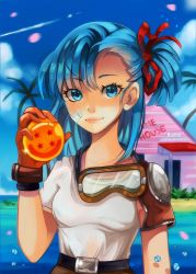 Rule 34 | 1girl, asymmetrical hair, bandaid, bandaid on cheek, bandaid on face, belt, blue eyes, blue hair, blue sky, brown gloves, bulma, commentary, day, dragon ball, dragon ball (object), facing viewer, gloves, goggles, goggles around neck, hair ribbon, highres, island, kame house, larienne, lips, long hair, looking at viewer, matching hair/eyes, one side up, ribbon, shirt, shoulder pads, sky, solo, standing, t-shirt, upper body