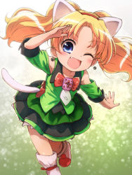 Rule 34 | 1girl, ;d, animal ears, blonde hair, blurry, bow, brooch, cat ears, cat tail, commentary, depth of field, dress, earrings, fake animal ears, fang, gradient background, green dress, hairband, highres, jewelpet (series), jewelpet twinkle, jewelry, miria marigold mackenzie, nyama, one eye closed, open mouth, outstretched arm, red bow, red hairband, salute, smile, solo, tail, twintails, white footwear