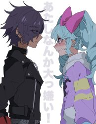 Rule 34 | 1boy, 1girl, angry, black collar, black jacket, blue hair, blush, bow, clenched teeth, closed mouth, collar, commentary request, dark-skinned male, dark skin, drill hair, expressionless, eye contact, eyes visible through hair, face-to-face, from side, hair between eyes, hair bow, hair over one eye, highres, hood, hood down, hoodie, idol land pripara, jacket, katasumi amari, long hair, long sleeves, looking at another, mario (pripara), nose blush, open mouth, pink bow, pink eyes, pretty series, pripara, profile, purple hair, purple hoodie, rurimomo (ruripeach), short hair, simple background, tearing up, teeth, translation request, twin drills, twintails, upper body, white background