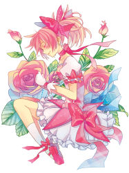 Rule 34 | 1girl, ankle ribbon, ankle strap, bad id, bad pixiv id, blush, breasts, bubble skirt, bud, choker, closed eyes, closed mouth, collarbone, commentary, cross-laced footwear, crying, flower, flying teardrops, frilled skirt, frilled sleeves, frills, from side, full body, gloves, hair ribbon, hands up, happy tears, kaname madoka, knees to chest, leaf, leg ribbon, legs together, light smile, mahou shoujo madoka magica, mahou shoujo madoka magica (anime), miki (986197), oversized flower, own hands together, pink choker, pink flower, pink footwear, pink hair, pink neckwear, pink ribbon, pink rose, pink theme, profile, puffy short sleeves, puffy sleeves, ribbon, ribbon choker, rose, short sleeves, simple background, skirt, small breasts, socks, solo, soul gem, symbol-only commentary, tears, twintails, wavy mouth, white background, white gloves, white skirt, white socks