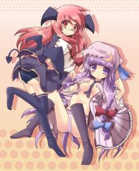 Rule 34 | 2girls, ass, bat wings, bespectacled, blush, breasts, crescent, demon tail, female focus, glasses, hat, head wings, highres, koakuma, multiple girls, open clothes, open robe, panties, pantyshot, patchouli knowledge, purple eyes, purple hair, red eyes, red hair, robe, smile, snow (gi66gotyo), tail, embodiment of scarlet devil, thighhighs, touhou, underboob, underwear, wings