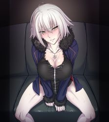 Rule 34 | 1girl, ahoge, blush, bottomless, breasts, breath, casual, cleavage, fate/grand order, fate (series), fur trim, highres, jeanne d&#039;arc (fate), jeanne d&#039;arc alter (fate), jeanne d&#039;arc alter (ver. shinjuku 1999) (fate), jewelry, large breasts, necklace, official alternate costume, sitting, solo, spread legs, sweat, un (le monde-alternatif), white hair, yellow eyes