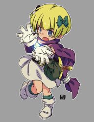 Rule 34 | 1girl, :o, belt, black belt, blonde hair, blue eyes, boots, bow, cape, commentary request, dragon quest, dragon quest v, dress, fang, full body, gloves, green bow, green socks, grey background, hair bow, hero&#039;s daughter (dq5), kneehighs, looking at viewer, mawaru (mawaru), open mouth, purple cape, simple background, socks, solo, standing, standing on one leg, sword, v-shaped eyebrows, weapon, white dress, white footwear, white gloves