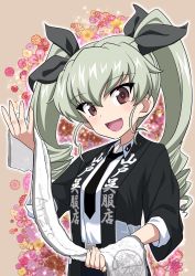 Rule 34 | 1girl, anchovy (girls und panzer), anzio school uniform, belt, cape, drill hair, floral background, food, girls und panzer, green hair, hair ribbon, highres, long hair, necktie, open mouth, pizza, red eyes, ribbon, school uniform, shiina excel, skirt, smile, solo, twin drills, twintails