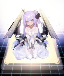 Rule 34 | 1girl, absurdres, azur lane, bad id, bad pixiv id, bare shoulders, blunt bangs, blush, breasts, closed mouth, criss-cross halter, detached sleeves, dress, fingernails, flight deck, halterneck, highres, long hair, looking at viewer, machinery, nail polish, no shoes, ohisashiburi, pantyhose, pink nails, purple eyes, purple hair, sitting, small breasts, smile, solo, stuffed animal, stuffed toy, stuffed unicorn, stuffed winged unicorn, unicorn (azur lane), v arms, very long hair, wariza, white dress, white pantyhose