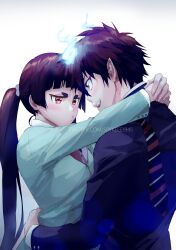 Rule 34 | 1boy, 1girl, ao no exorcist, arms around neck, arms around waist, black hair, blue eyes, blue fire, blue jacket, blunt bangs, blush, breasts, brown eyes, collared shirt, couple, demon boy, fangs, fire, furrowed brow, green jacket, hair between eyes, hair bobbles, hair ornament, hetero, highres, hug, jacket, kamiki izumo, long hair, long sleeves, looking at another, loose necktie, medium breasts, necktie, okumura rin, open mouth, pointy ears, ponytail, puckered lips, shirt, short eyebrows, short hair, smile, spykeee, white shirt