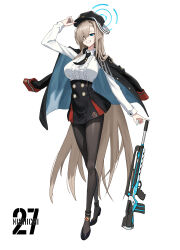 Rule 34 | 1girl, absurdres, artist name, assault rifle, asuna (blue archive), black footwear, black hat, black jacket, black necktie, black pantyhose, black skirt, blue archive, blue eyes, blue halo, breasts, bullpup, commentary request, cosplay, famas, full body, grin, gun, hair over one eye, halo, hand up, haruna (blue archive), haruna (blue archive) (cosplay), hat, hat tug, high-waist skirt, high heels, highres, jacket, jacket on shoulders, large breasts, light brown hair, long hair, long sleeves, nail polish, necktie, nishichi, pantyhose, peaked cap, rifle, shirt, simple background, skirt, smile, solo, standing, two-sided fabric, two-sided jacket, very long hair, weapon, white background, white shirt
