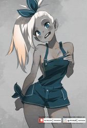 Rule 34 | 1girl, blue bow, blue eyes, bow, breasts, cleavage, contrapposto, cowboy shot, earrings, elf, freckles, hair bow, hair pulled back, head tilt, high ponytail, highres, jewelry, limited palette, long hair, looking at viewer, no bra, original, overall shorts, overalls, pointy ears, small breasts, solo, stud earrings, teeth, white hair, wrist bow, xaxaxa