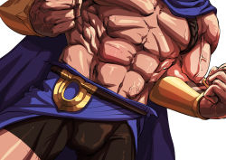 Rule 34 | 1boy, absurdres, bad id, bad pixiv id, blue cape, brown shorts, bulge, cape, clenched hands, commentary request, dutch angle, greef (greef63073776), grey background, head out of frame, highres, league of legends, male focus, muscular, muscular male, navel, pantheon (league of legends), shorts, simple background, solo, veins