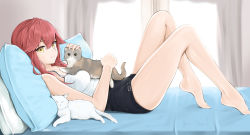 Rule 34 | 1girl, animal, bare arms, bare legs, bare shoulders, barefoot, bed, black shorts, camisole, cat, chaesu, commentary, from side, highres, holding, holding animal, holding cat, indoors, knees up, liliya (kaetzchen), long hair, lying, on back, original, pillow, red hair, short shorts, shorts, symbol-only commentary, thighs, yellow eyes