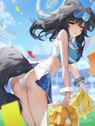 Rule 34 | 1girl, absurdres, animal ears, ass, black hair, blue archive, blue eyes, blurry, blurry background, breasts, cheerleader, cowboy shot, crop top, dog ears, dog girl, dog tail, eyewear on head, floating hair, from behind, goggles, goggles on head, halo, hibiki (blue archive), hibiki (cheer squad) (blue archive), highres, holding, holding pom poms, josal, large breasts, leaning forward, long hair, midriff, millennium cheerleader outfit (blue archive), miniskirt, official alternate costume, open mouth, outdoors, panties, pantyshot, pleated skirt, pom pom (cheerleading), pom poms, revision, skirt, solo, sweat, tail, underwear, white panties, white skirt
