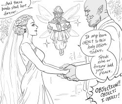 Rule 34 | 1boy, 2girls, bald, bare shoulders, bb (baalbuddy), book, braid, braided bun, bridal veil, bride, closed mouth, commentary, dress, earrings, elf, english commentary, english text, fairy, fairy wings, fang, fang out, flower, flying, greyscale, groom, hair bun, happy, height difference, highres, holding, holding book, holding hands, husband and wife, jewelry, lipstick, long sleeves, makeup, monochrome, multiple girls, multiple wings, orc, original, pointy ears, priestess, rose, simple background, smile, sparkle, veil, wedding, wedding dress, white background, wings
