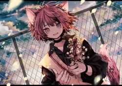 Rule 34 | animal ears, azzz (7334080), black shirt, blue sky, bracelet, brown eyes, brown hair, cloud, cloudy sky, collared shirt, commentary request, copyright request, fence, flower, highres, holding, holding plant, jewelry, long sleeves, looking at viewer, outdoors, plant, shadow, shirt, short hair, sky, solo, tail, upper body, vest, white flower, white vest