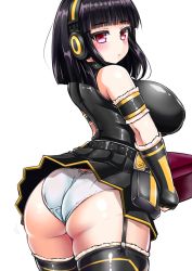 Rule 34 | 1girl, :/, arched back, armband, ass, beatmania, beatmania iidx, black shirt, black skirt, black thighhighs, blunt bangs, blush, breasts, cameltoe, closed mouth, cowboy shot, detached sleeves, from side, garter straps, gluteal fold, headphones, hinazuki ririna, holding, ini (mocomocccos), large breasts, panties, pleated skirt, red eyes, shirt, short hair, simple background, skirt, solo, thighhighs, towel, underwear, wedgie, white background, white panties