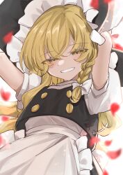 Rule 34 | 1girl, absurdres, apron, black hat, black skirt, black vest, blonde hair, bow, braid, buttons, chu (yuzumeno), falling petals, frilled apron, frilled headwear, frills, from below, hair between eyes, hair bow, half-closed eyes, hands up, hat, highres, kirisame marisa, light blush, long hair, looking at viewer, open mouth, petals, puffy short sleeves, puffy sleeves, red petals, shirt, short sleeves, simple background, single braid, skirt, skirt set, solo, teeth, touhou, upper body, vest, waist apron, waist bow, white background, white bow, white shirt, witch hat, yellow eyes