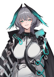Rule 34 | :d, aqua eyes, arknights, belt, breasts, cowboy shot, dress, grey hair, grin, head wings, highres, ho&#039;olheyak (arknights), impossible clothes, impossible dress, jason kim, large breasts, long hair, looking at viewer, open clothes, open mouth, parted lips, simple background, smile, solo, tail, white background, white dress, wings