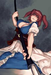 Rule 34 | blue kimono, breasts, coin, coin on string, envenomist (gengoroumaru), grey background, highres, holding, holding scythe, holed coin, japanese clothes, kimono, large breasts, obi, one-hour drawing challenge, onozuka komachi, puffy short sleeves, puffy sleeves, red eyes, red hair, sash, scythe, shaded face, short hair, short sleeves, touhou, two side up