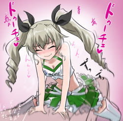 Rule 34 | 10s, 1boy, 1girl, anchovy (girls und panzer), blush, closed eyes, clothed female nude male, clothed sex, cowgirl position, girl on top, girls und panzer, green hair, hair ornament, hetero, nude, ribbon, ribimura, saliva, sex, skirt, straddling, text focus, twintails
