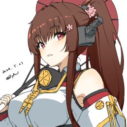 Rule 34 | 1girl, absurdres, bigkwl, breasts, brown hair, collar, dated, detached sleeves, highres, kantai collection, kikumon, large breasts, looking at viewer, metal collar, oil-paper umbrella, one-hour drawing challenge, ponytail, red eyes, sidelocks, simple background, solo, twitter username, umbrella, upper body, white background, yamato (kancolle), yamato kai ni (kancolle)
