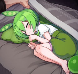 Rule 34 | 1boy, 1girl, :3, animal ears, barefoot, blanket, blush, closed eyes, closed mouth, green hair, green shorts, high-waist shorts, legs together, lying, null (nyanpyoun), on side, pillow, pov, pov hands, shirt, short hair, short sleeves, shorts, smile, solo focus, suspender shorts, suspenders, toes, voiceroid, white shirt, zundamon