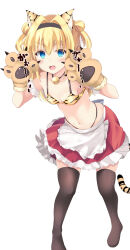 Rule 34 | 1girl, absurdres, animal ears, animal hands, apron, bell, black hairband, black panties, black thighhighs, blonde hair, blue eyes, blush, bra, breasts, chinese zodiac, chitose sana, cleavage, collarbone, commentary request, commission, curvy, double bun, eyes visible through hair, fake animal ears, fake tail, fang, foot out of frame, frilled apron, frilled skirt, frills, gloves, hair between eyes, hair bun, hair intakes, hairband, hands up, highleg, highleg panties, highres, jingle bell, legs, long hair, looking at viewer, miniskirt, navel, neck bell, no shoes, open mouth, panties, paw gloves, paw pose, pink background, purunyara, red skirt, simple background, skeb commission, skindentation, skirt, small breasts, smile, solo, sound effects, standing, stomach, tail, tenshinranman, thighhighs, thighs, tiger ears, tiger stripes, tiger tail, two side up, underwear, v-shaped eyebrows, white apron, white background, year of the tiger, yellow bra, zettai ryouiki