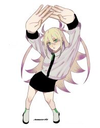 Rule 34 | 1girl, ankle boots, arms up, artist name, black skirt, blonde hair, boots, cropped jacket, eyelashes, from above, gradient hair, green eyes, highres, hisui kanon, jacket, long hair, long sleeves, miniskirt, multicolored hair, open mouth, purple hair, remonucha, sentai dai shikkaku, simple background, skirt, solo, two side up, white background, white footwear, white jacket, zipper pull tab