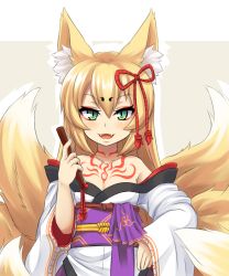 Rule 34 | 1girl, animal ear fluff, animal ears, bare shoulders, blonde hair, breasts, chest tattoo, collarbone, fangs, fox ears, green eyes, hair between eyes, hair ornament, hand on own hip, highres, japanese clothes, kitsune, long hair, long sleeves, looking at viewer, mon-musu quest!, multiple tails, neck tattoo, open mouth, simple background, slit pupils, small breasts, smile, solo, tail, tamamo (mon-musu quest!), tattoo