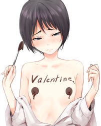 Rule 34 | 1girl, blush, body writing, chocolate syrup, female focus, highres, looking at viewer, nonh (wormoftank), short hair, simple background, solo, upper body, white background