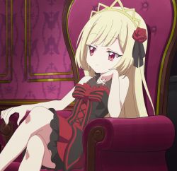 Rule 34 | 1girl, anime screenshot, arm support, bare shoulders, blonde hair, blush, breasts, closed mouth, crossed legs, ecute, flower, hair flower, hair ornament, highres, jashin-chan dropkick, long hair, red eyes, rose, sitting, sleeveless, small breasts, smile, solo