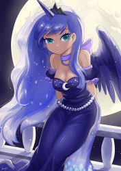 Rule 34 | 1girl, aqua eyes, artist name, bad id, bad pixiv id, bare shoulders, blue hair, breasts, cleavage, commentary request, dark-skinned female, dark skin, eyeliner, horns, jewelry, long hair, luna (my little pony), makeup, moon, my little pony, my little pony: friendship is magic, necklace, on railing, qi&#039;e (penguin), railing, single horn, smile, solo, tiara, very long hair, wings