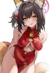 Rule 34 | 1girl, animal ear fluff, animal ears, bell, black hair, blue archive, blush, breasts, china dress, chinese clothes, collarbone, covered navel, cowboy shot, dress, eyeshadow, fox ears, fox tail, groin, halo, highres, izuna (blue archive), looking at viewer, makeup, medium breasts, neck bell, pink eyeshadow, pink halo, red dress, short hair, simple background, sleeveless, sleeveless dress, solo, stone (ksorede), tail, tongue, tongue out, white background, yellow eyes