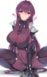Rule 34 | 1girl, armor, blush, bodysuit, breasts, closed mouth, covered navel, damda, fate/grand order, fate (series), hair between eyes, hair intakes, heart, high heels, large breasts, long hair, looking at viewer, pauldrons, purple bodysuit, purple hair, red eyes, scathach (fate), shoulder armor, simple background, smile, solo, squatting, thighs, white background