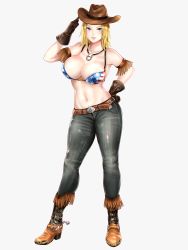Rule 34 | 1girl, american flag bikini, american flag print, bikini, bikini top only, blonde hair, blue eyes, boots, breasts, cleavage, cowboy western, dead or alive, dead or alive 6, female focus, flag print, full body, gloves, hand on own hip, hat, high heel boots, high heels, highres, jewelry, kurone rinka, large breasts, md5 mismatch, midriff, necklace, original, print bikini, resolution mismatch, simple background, solo, source smaller, spurs, standing, stomach, swimsuit, tecmo, tina armstrong, torn clothes