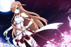 Rule 34 | 10s, 1girl, armor, asuna (sao), bare shoulders, breastplate, brown eyes, brown hair, detached sleeves, hand on hilt, hand on own hip, highres, long hair, moon, night, planted, planted sword, planted weapon, skirt, smile, solo, sword, sword art online, thighhighs, uiu, weapon, white thighhighs