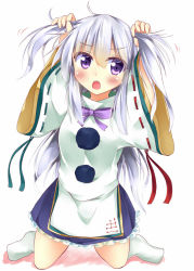 Rule 34 | 1girl, blush, commentary request, hand in own hair, kneeling, kuzumomo, long hair, long sleeves, looking at viewer, mononobe no futo, open mouth, purple eyes, ribbon-trimmed sleeves, ribbon trim, shirt, silver hair, skirt, solo, touhou, two side up, very long hair, wide sleeves